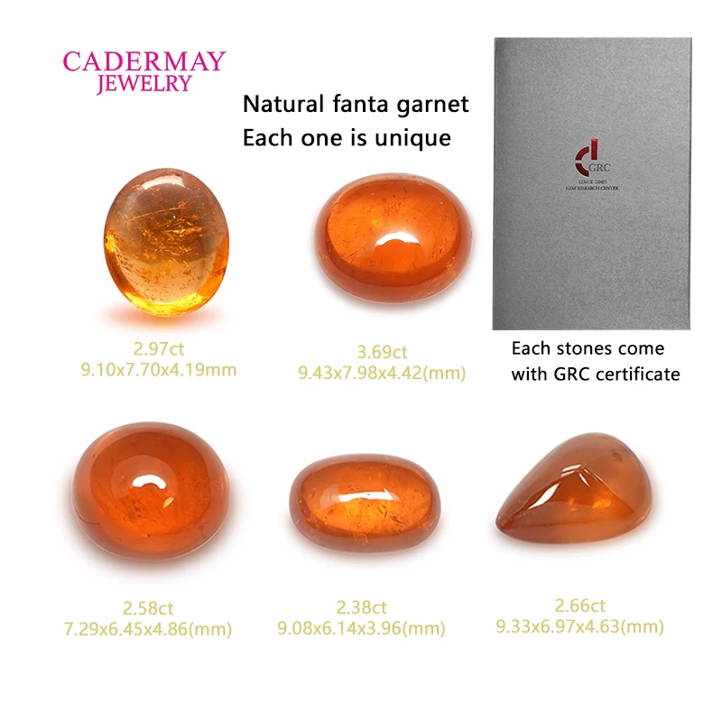 Cadermay certificate natural gemstones 2.38ct-3.69ct oval pear cabochon vivid orange fanta garnet stone for jewelry making