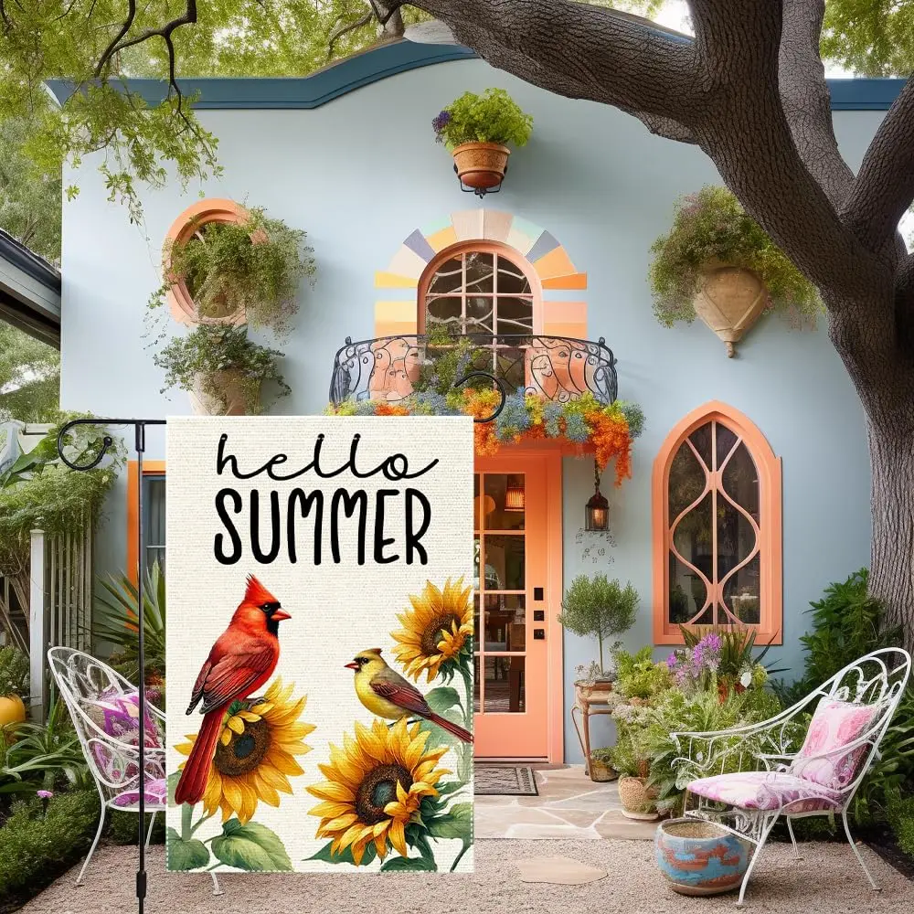 Hello Summer Garden Flag 12x18 inch Burlap Vertical Double Sided Cardinal Sunflowers Yard Lawn Patio garden flags for outsid EEZ
