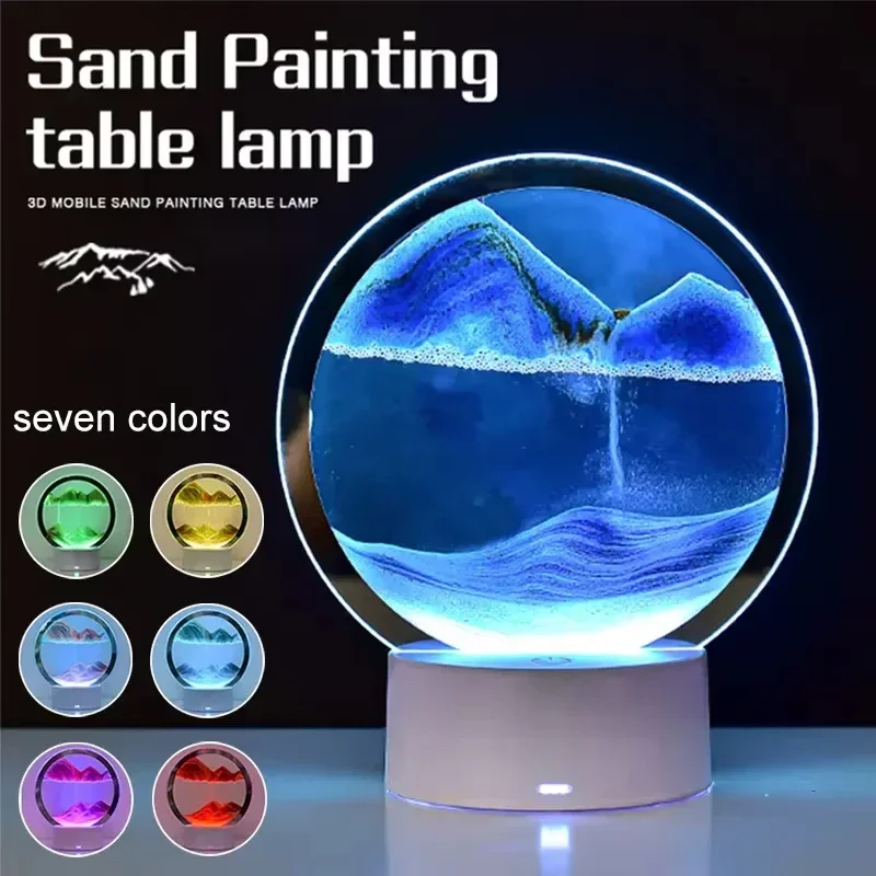 3D Sand Painting Table Lamp LED Art Sand Scene Dynamic Round Glass Hourglass Children'S Bedroom Night Light Desktop Decoration