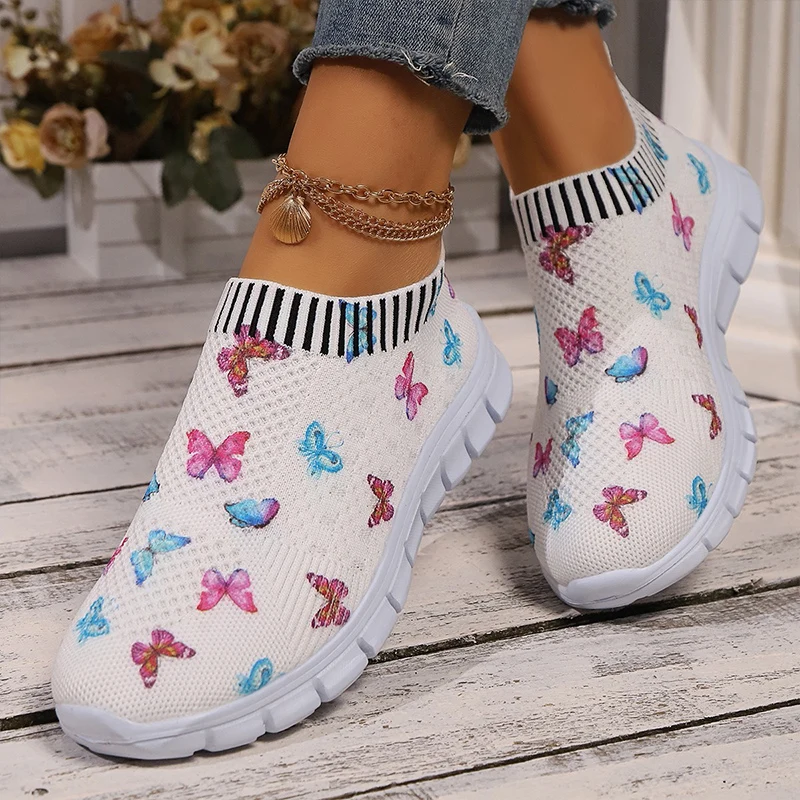 Mocasines de malla con lazo para Mujer, zapatillas de tenis con estampado de mariposas, deportivas, calzado plano para correr, Zapatos cómodos para caminar, otoño