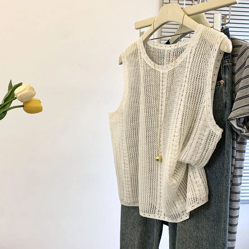 

Fashionable Versatile Hollow out Knitted Vest Women Summer New Style Sleeveless Lightweight Top Thin round Neck Short Length