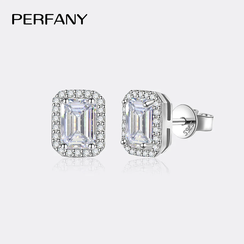 PERFANY 2CT szmaragdowy/promienny szlif Moissanite kolczyki dla kobiet S925 czyste srebro prostokątna imitacja diamentu biżuteria ślubna