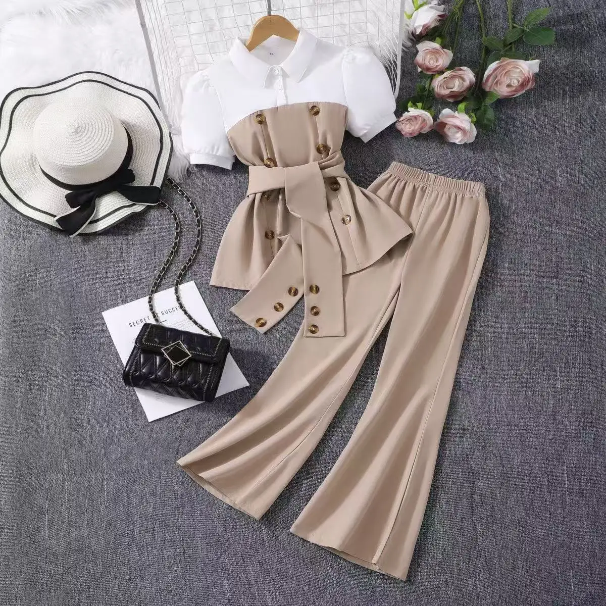 

Stylish Toddler Girls Clothing Set White Brown Spliced Lapel Shirt + Wide-Leg Flare Trousers Two-piece Set for 8-12Y