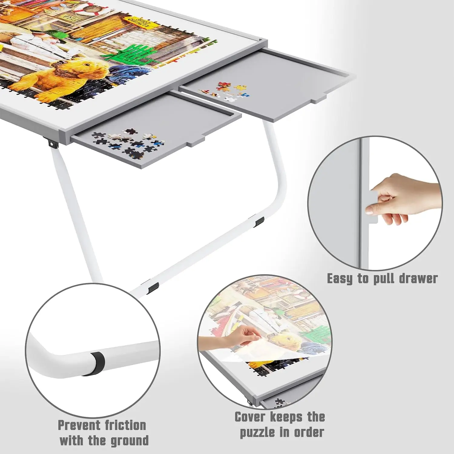 Puzzeltafel 1500-delig, puzzeltafel van metaal met laden, puzzelbord met poten, grijze en witte kleur, puzzeltafels voor advertentie