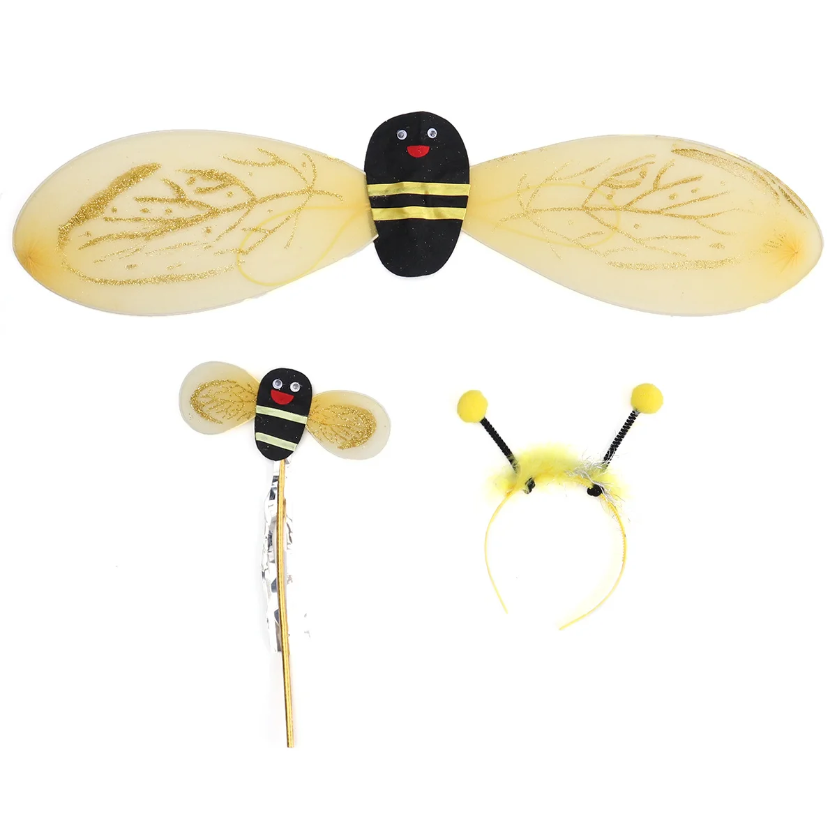 

3Pcs Fairy Bee Wings Yellow Black Costume Set Headband Wand Dress Everyday Accessory for Halloween Party