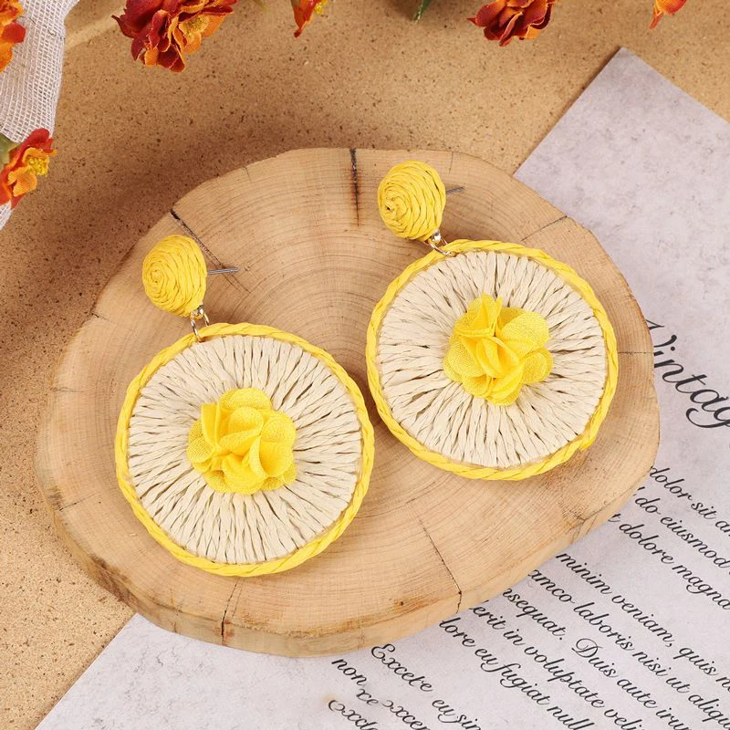 Unique Rattan Earrings Summer Holiday Bohemian Jewelry Exaggerate Fabric Flower Earrings Fashion Boho Earrings Statement Jewelry