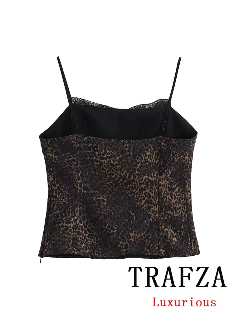 TRAFZA Vintage Sexy Chic Women Tops Leopard Bow Zipper Backless Sleeveless Lace Short Vest Fashion 2024 Summer Party Tops