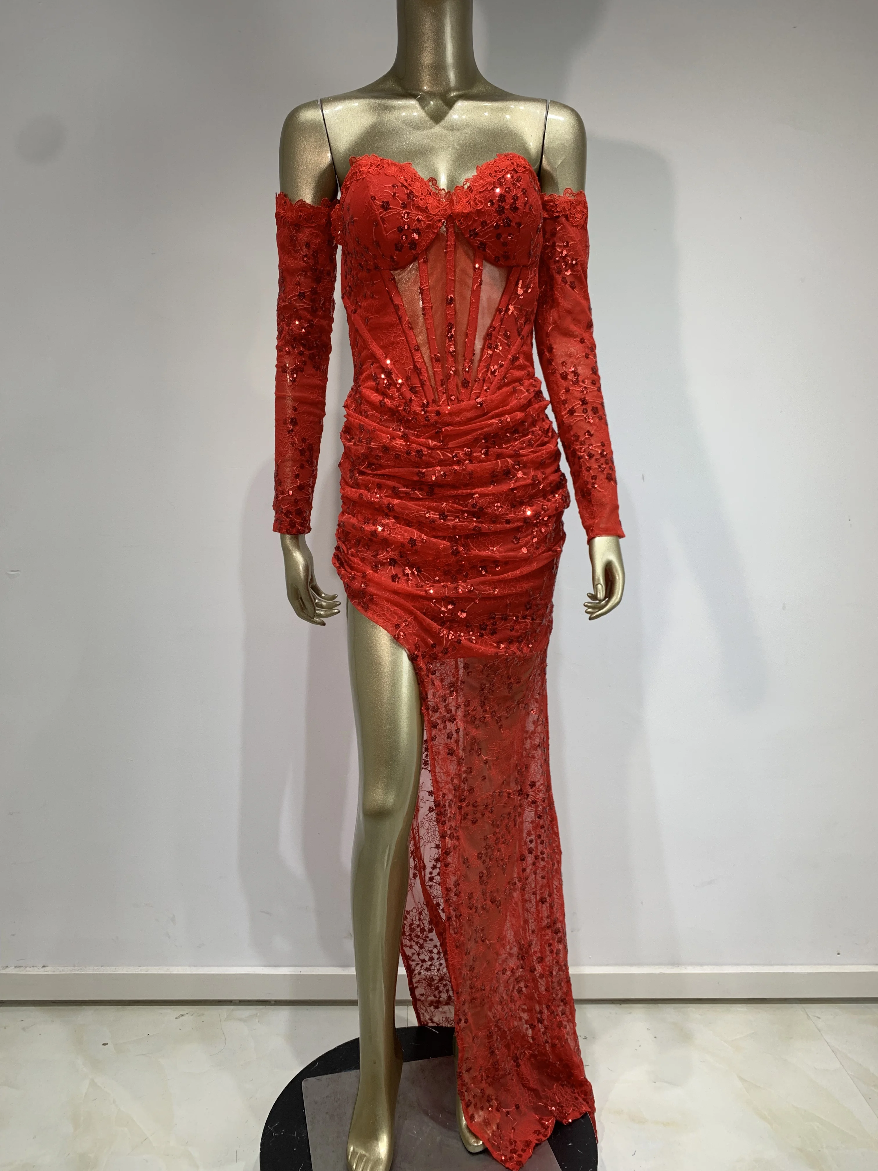 New Women Summer Sexy Off Shoulder Lace Sequins Red Maxi Long Bodycon Dress 2024 Elegant Evening Party Club Dress Vestido