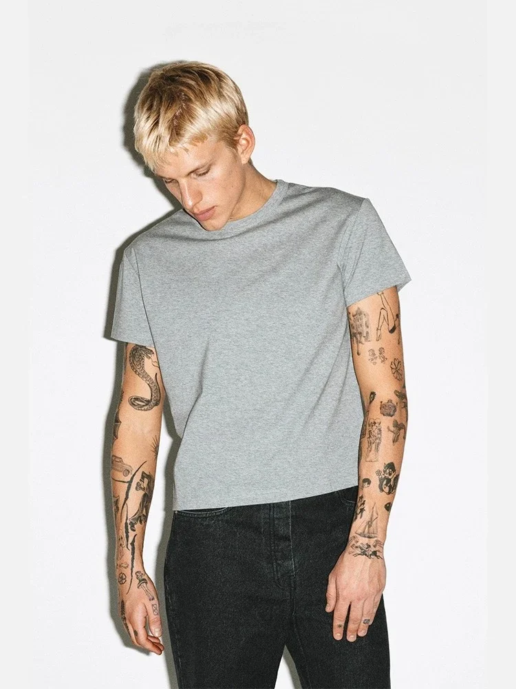 

Мужская футболка Slim-fit с низким вырезом на плечах, однотонная, с коротким рукавом, облегающая, микро-приталенная