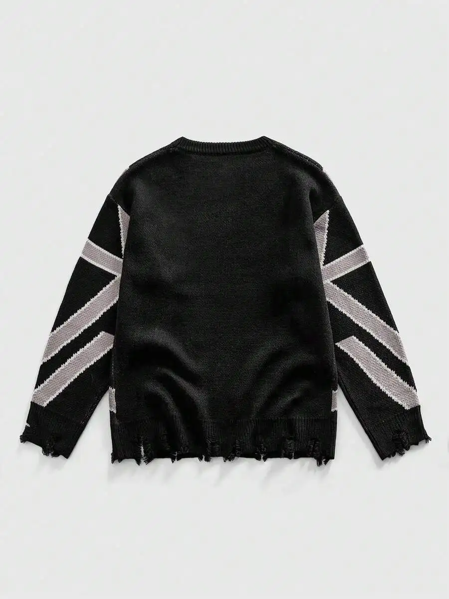 Distressed Union Jack Pattern Knit Pullover Sweater - Loose Fit, Round Neck, Winter Casual Wear