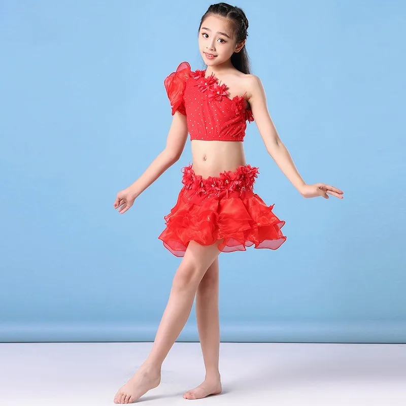 Trajes de dança do ventre personalizados, vestido de performance infantil, saia bufante sem ombros, vestido de prática, conjunto de dança do ventre para meninas