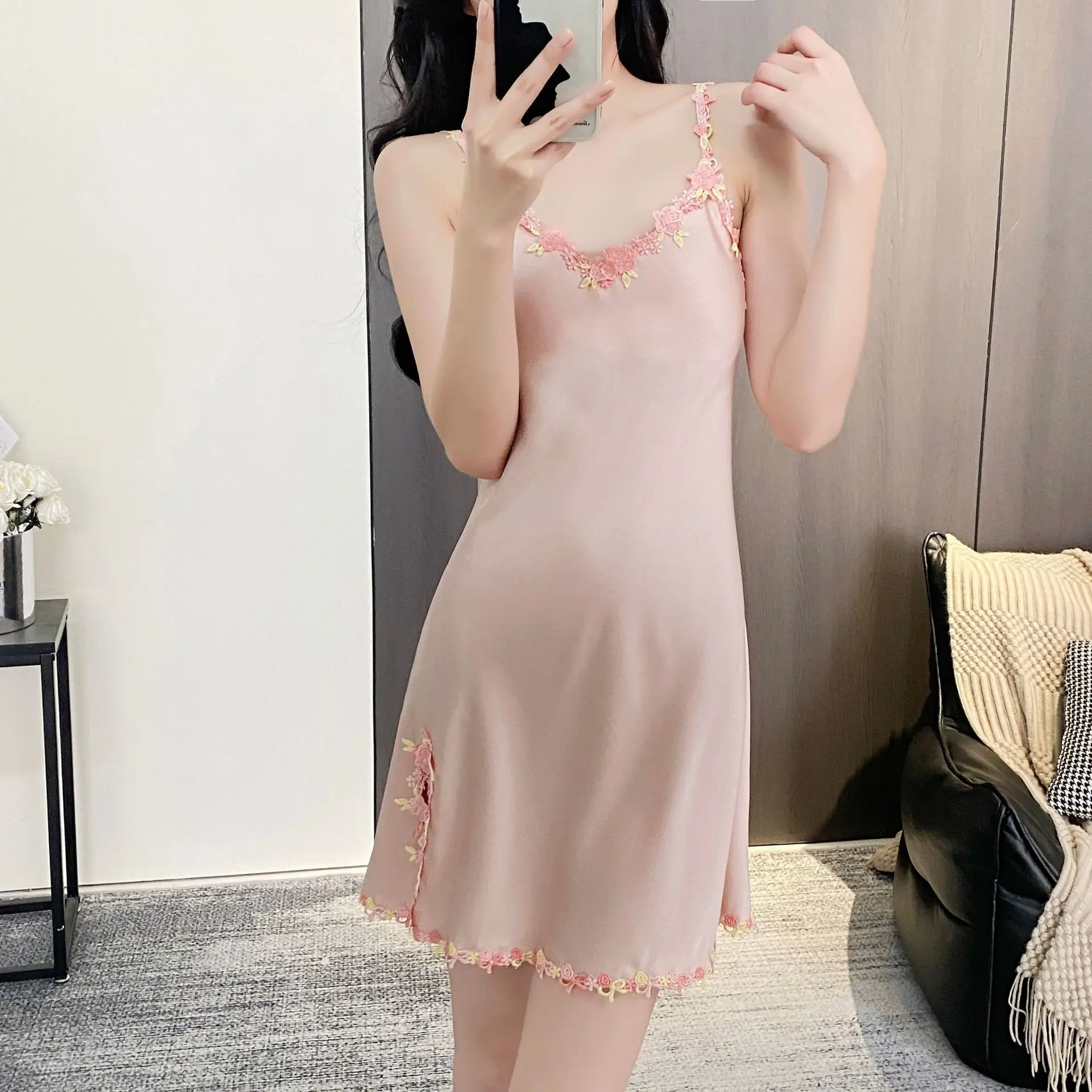 

Sexy Suspender Nightdress Women Lace Nightgown Sleepwear Silky Satin Home Dress Summer Sleeveless Nighty Gown Loungewear