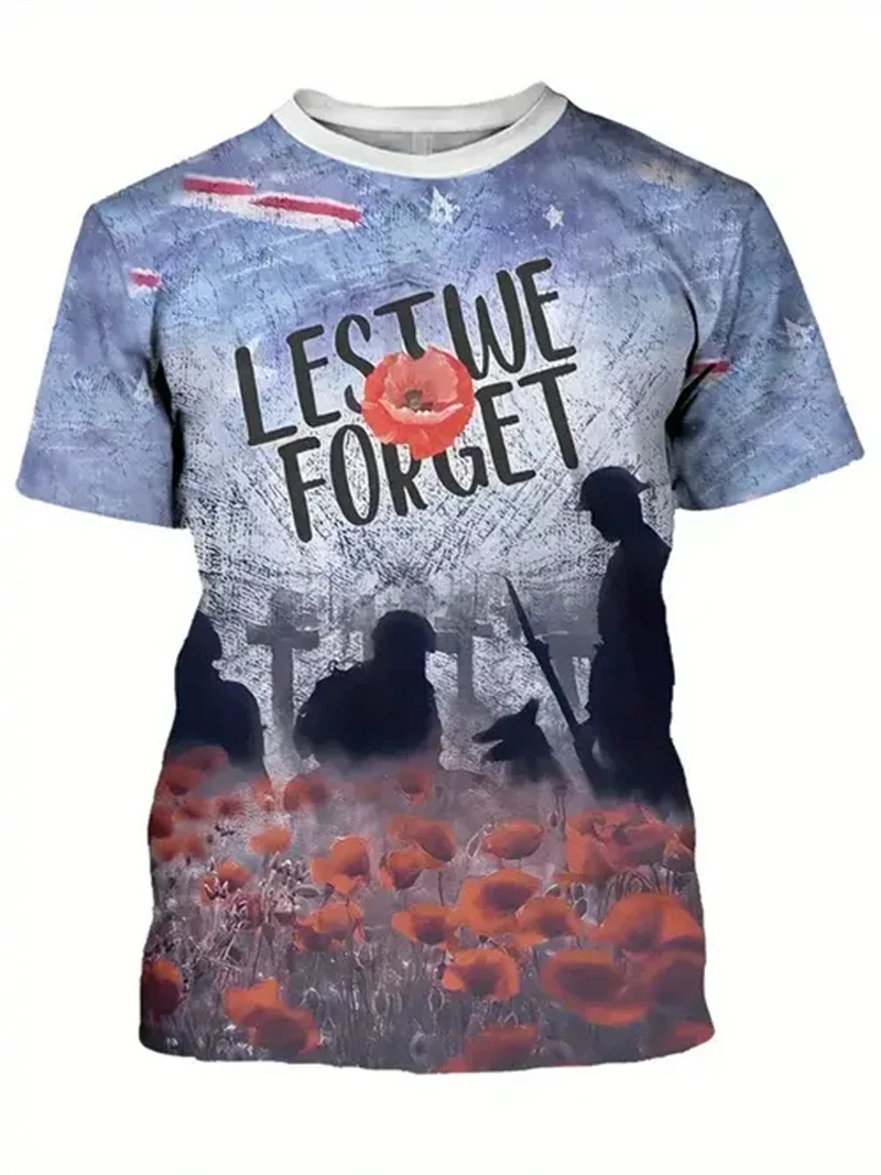 T-shirt décontracté à col rond et manches courtes pour homme avec imprimé Poppy « Lest We Forget », hauts graphiques pour le Jour de la Commémoration, idéal pour les tenues patriotiques