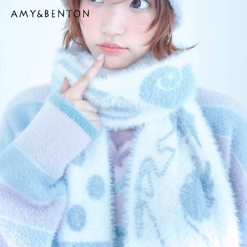 

Original Design Blue White Warm Polka Dot Women's Scarf Autumn Winter New Faux Mink Fur Tassel Warm Double-Sided Scarfs Ladies