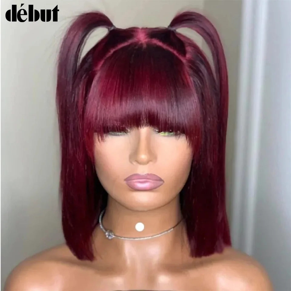 Debut 99J Straight Bob Perücken mit Pony, 100% Echthaar, peruanische kurze Bob-Perücken für Damen, burgunderrote Echthaar-Perücken