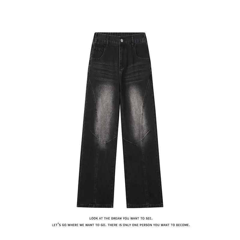 Men Vintage Washed High Waist Straight Jeans Loose Versatile Streetwear Casual Long Denim Trousers Daily Fashion Pants