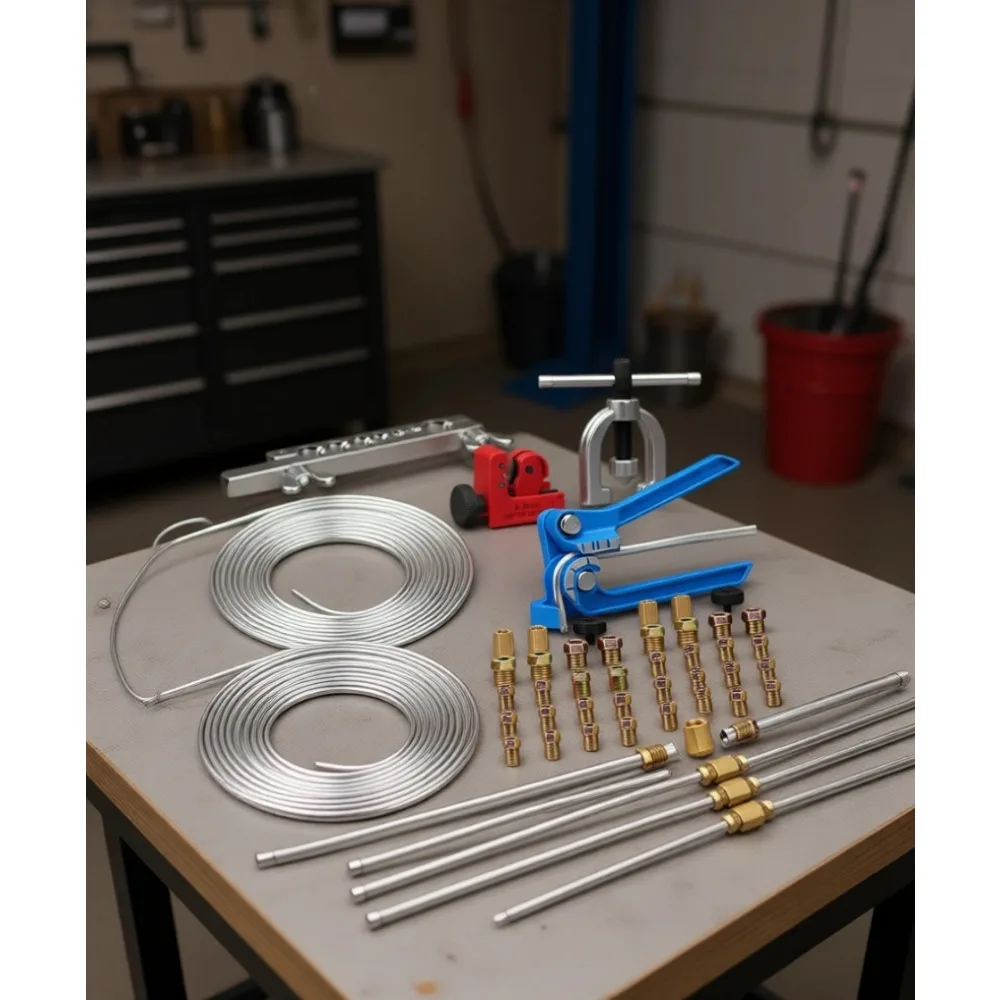 

Набор для развальцовки тормозных трубок 25 футов (3/16 и 1/4 дюйма) с оцинкованным покрытием, с трубогибом и резаком для фитингов