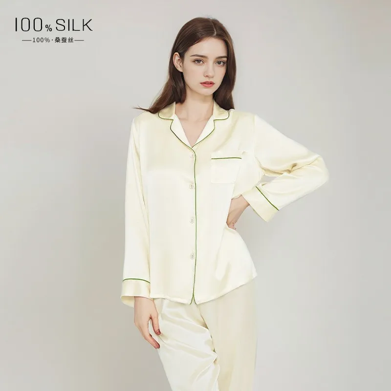 

100% Mulberry Silk Sleepwear Two-Piece Women's Silk Long Sleeve Pajama Set Solid Casual Homewear Ladies Loungewear Set