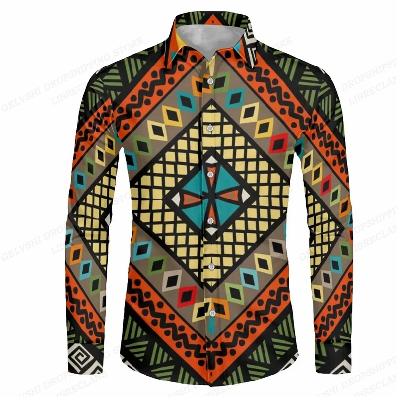 New Men\'s Button Shirt Dashiki African Print Long Sleeve Shirts Tops Traditional Couple Clothes Hip Hop Ethnic Style Clothing