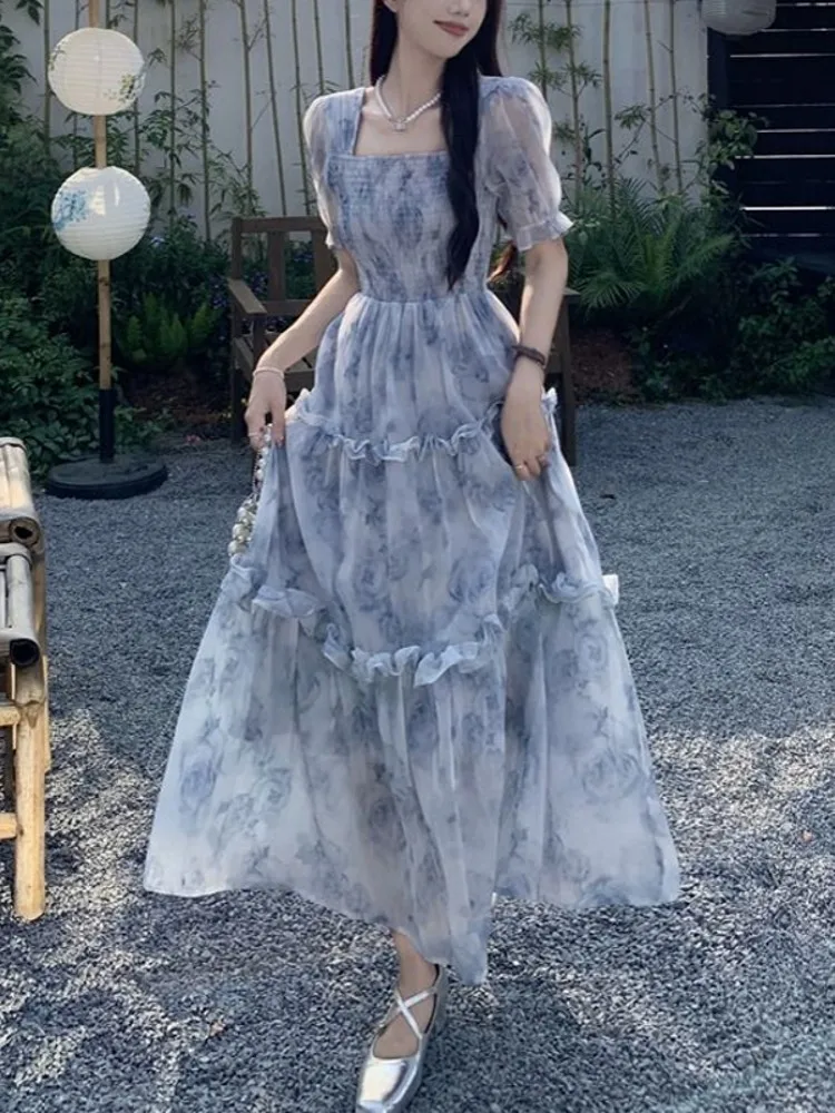 Falda Larga de Gasa con Estampado Floral Vintage para Mujer, Diseño de Verano, Estilo Burbuja de Alta Gama, Corte en A