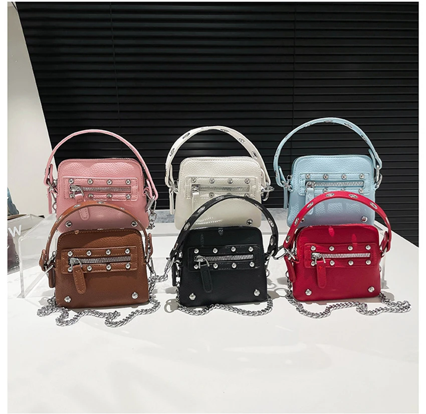 

Summer Women Rivet Purse Solid Color PU Zipper Chain Cross Body Mini Bag American Casual Fashion Girls Handbag