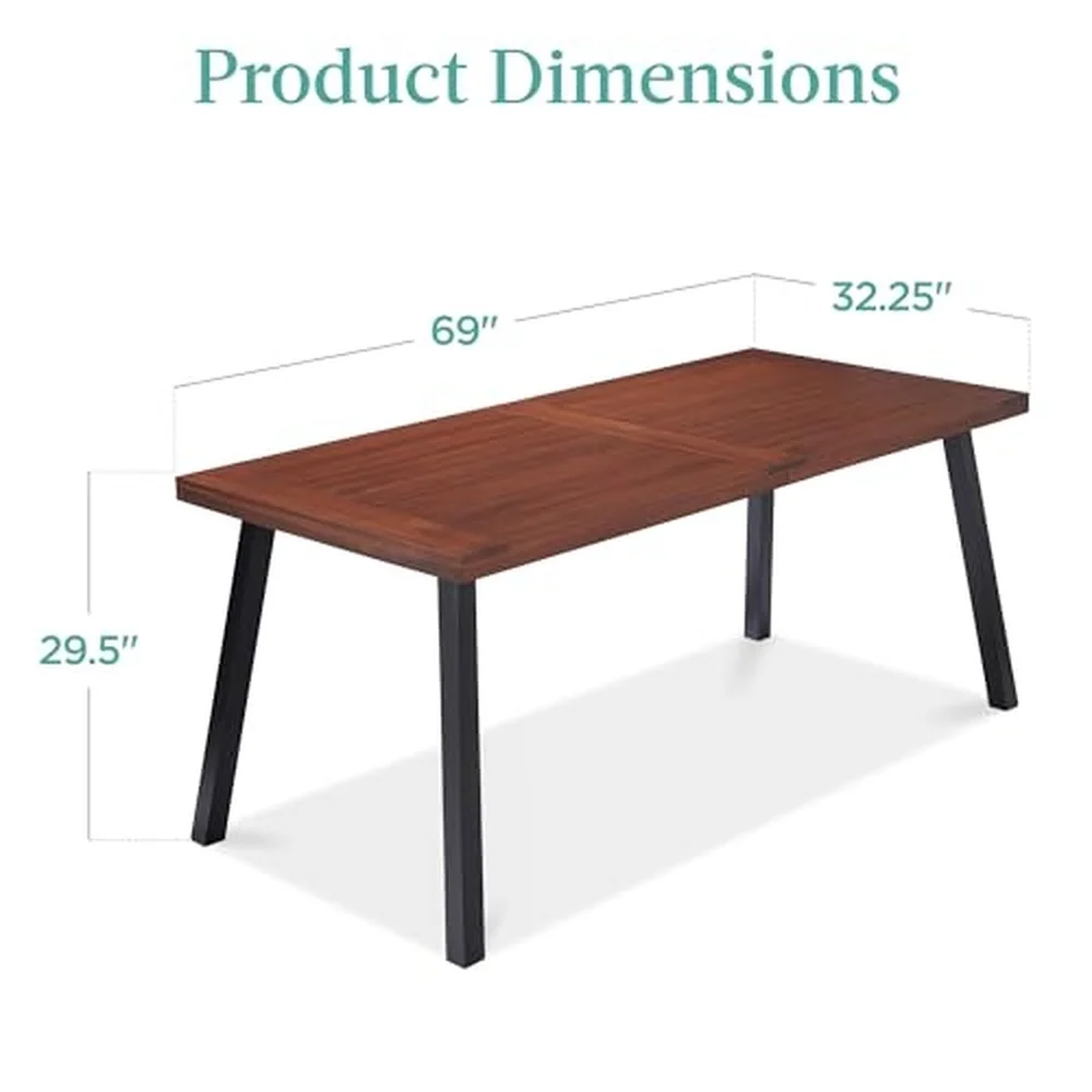 6 Person Indoor Outdoor Acacia Wood Dining Table Picnic Table w/Powder Coated Steel 350 Pound Capacity Legs Walnut Brown