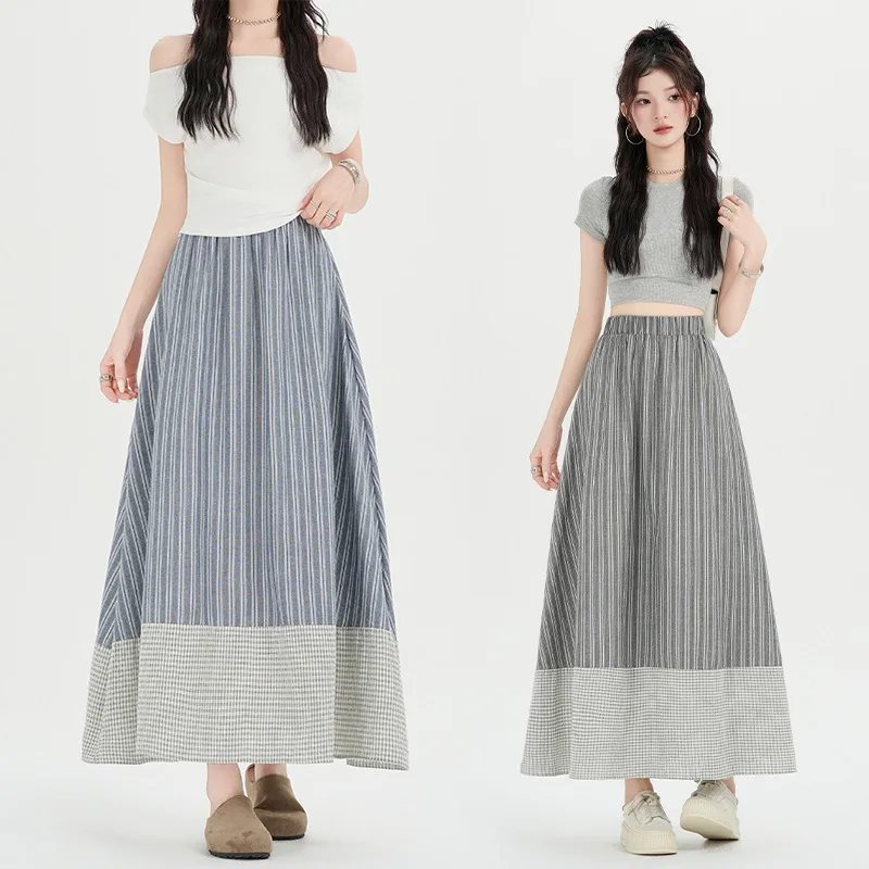 

Harajuku Vintage Blue Striped Plaid Patchwork Maxi Skirt Elastic Waist Casual Flowy A-line Cotton Skirt For Women Commuted Wear
