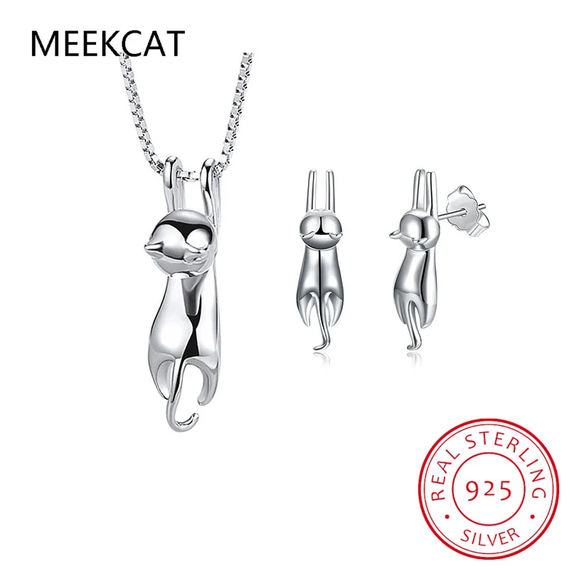 S925 Stamp 925 Sterling Silver Jewelry Sets Lovely Animal Cat Necklace+Earrings For Women Girl Gift