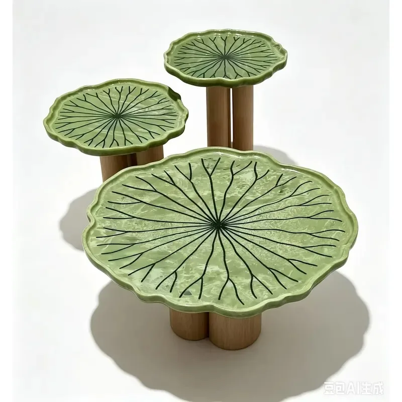 Green Emerald Marble Lotus Leaf Modern Coffee Table Set 3 Piece Waterjet Carving Stone Nesting Table Luxury Hotel Living Room