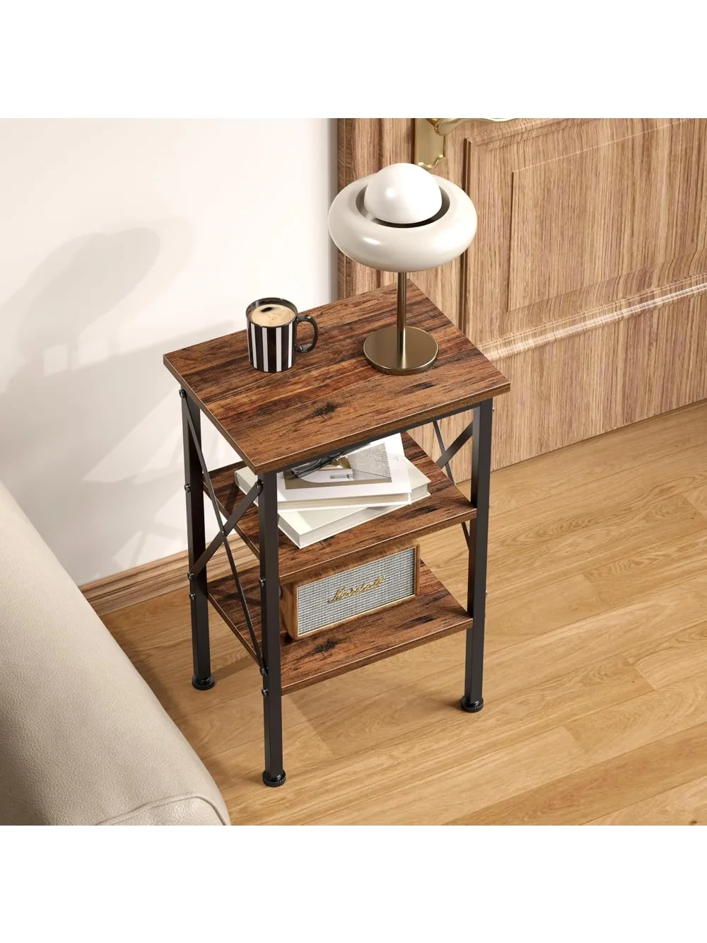 طقم طاولة نهاية بنية ريفية مكون من قطعتين، منضدة بتصميم X بطول 24 بوصة مع مساحة تخزين من 3 طبقات للمساحات الصغيرة وغرفة النوم وغرفة المعيشة