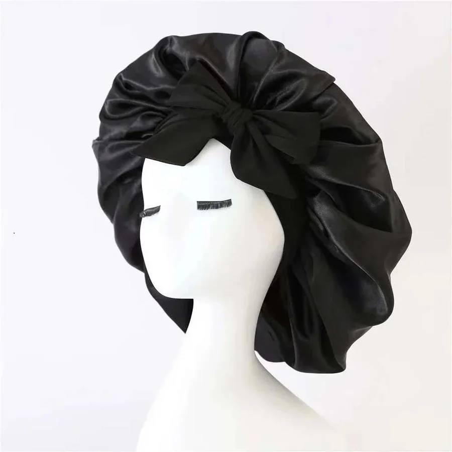 Satin Silky Bonnet Solid Sleeping Hat Cap Wide Band Stretch Adjustable Bonne For Sleeping Hair Bonnet With Tie Band image 3