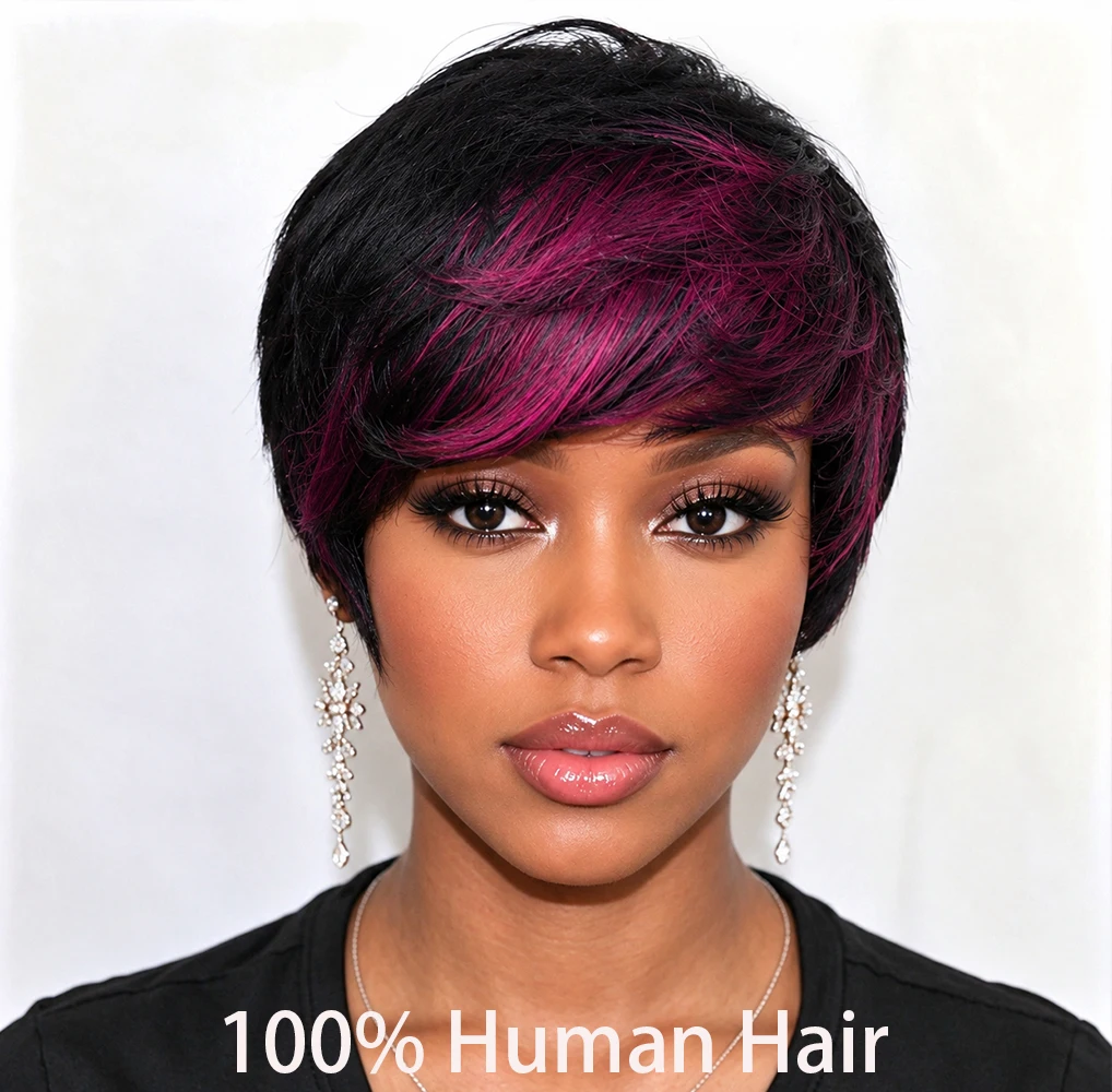 Brazilian Remy Human Hair Wig for Women Fully Machine Made 4-inch Short Pixie Cut with Bangs Featuring Straight Hair