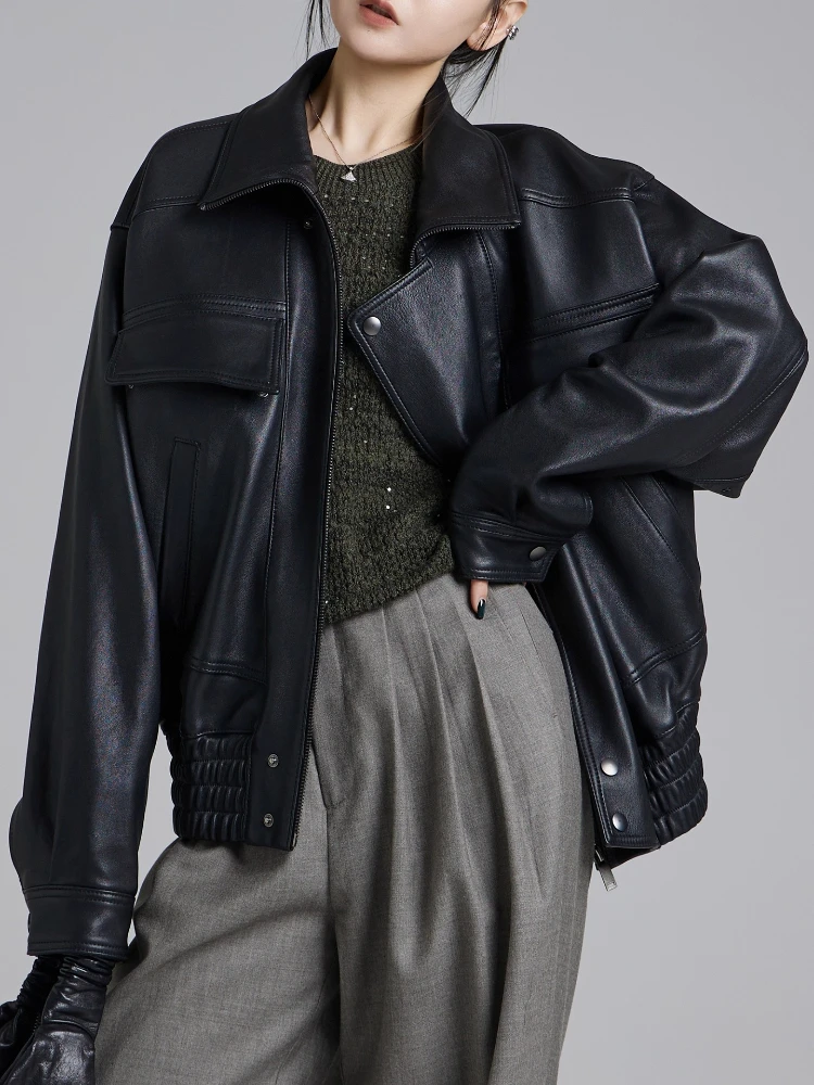 Classic Genuine Leather Motorcycle Jackets for Women Autumn Winter 2025 High-end Simple Casual Soft Black Real Sheepskin Coat