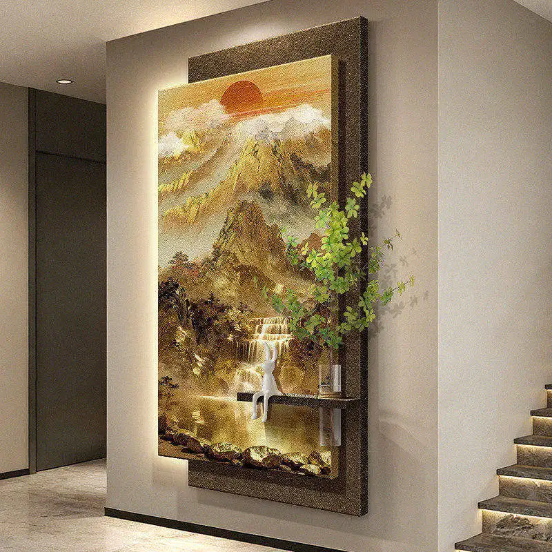Backed by Gold Mountain, Entranceway Decorative Painting, Song Dynasty Aesthetics, Corridor Sandstone Fresco Lamp, Flowing Water