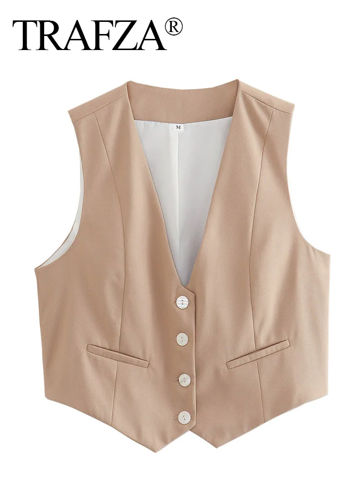 TRAFZA 2024 Women Summer Fashion Solid V-Neck Slim Single Breasted Sleeveless Vest Woman Elegant Casual High Street Waistcoat