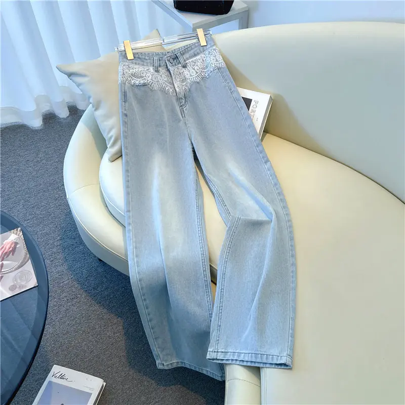 

Retro Fashion Lace Patchwork Wide Leg Jeans 2026 Women's Loose High Waist Straight Denim Pants Korean Style Leisure Trousers