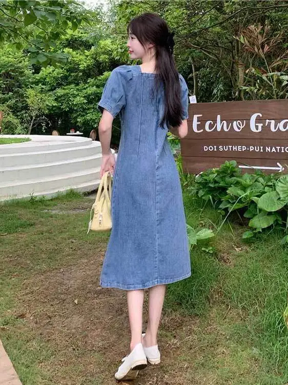 Slimming Denim Dress with Bubble Sleeves Women's Summer Thin Large Size Sister Strap Dress Age Reduction Middle Length