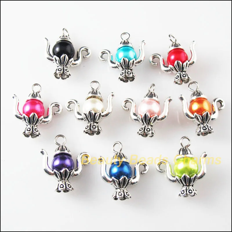 10Pcs Tibetan Silver Aladdin God Lamp Mixed Glass Charms Pendants 19x20mm