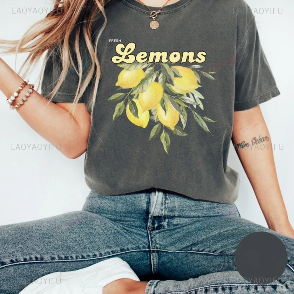 

Summer Classic Aesthetic Fruit Lemon Woman Washed Graphic T Shirts Vintage Bohemian Country Style Outdoors Cotton Tshirt Tops
