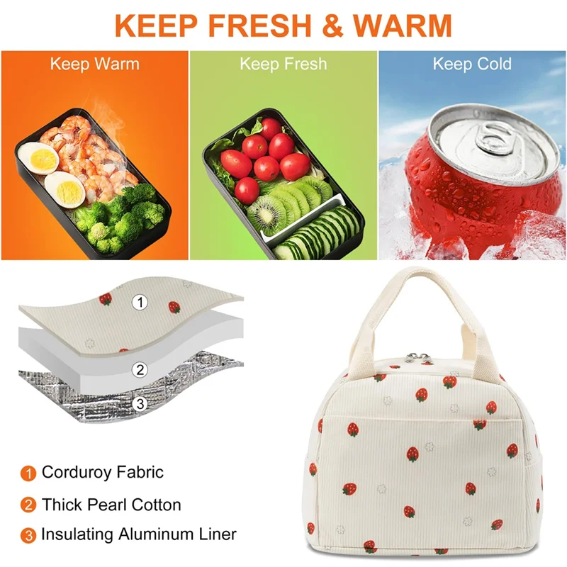 Promotion!Fashions Cute Corduroy For Women Men Lunch Tote, Upgraded Strong Handle Insulated Lunch Bag, Cooler For Work Picnic