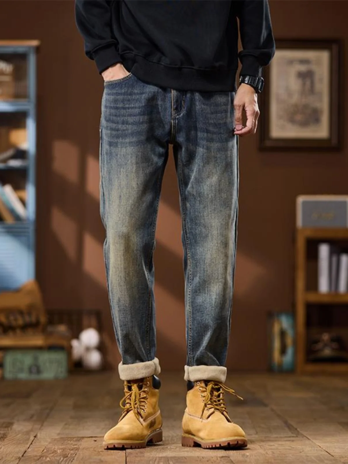 

Retro American Denim Jeans Men's Loose Straight Casual Washed Fleece Thickened Long Pants Autumn Winter New Style Youth Trend