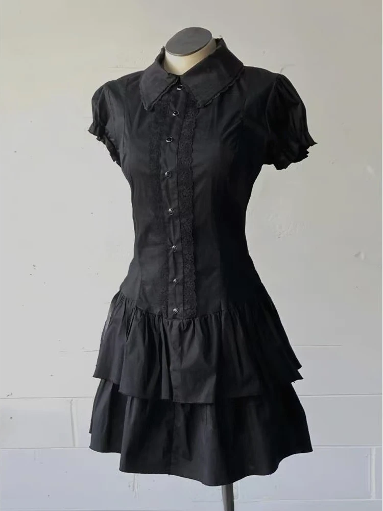 Sweet Lolita Lace Dresses Y2k Slim Waist High Street Short Sleeve Dress Women Retro 2025 Summer New Bottoming Vestidos Fashion