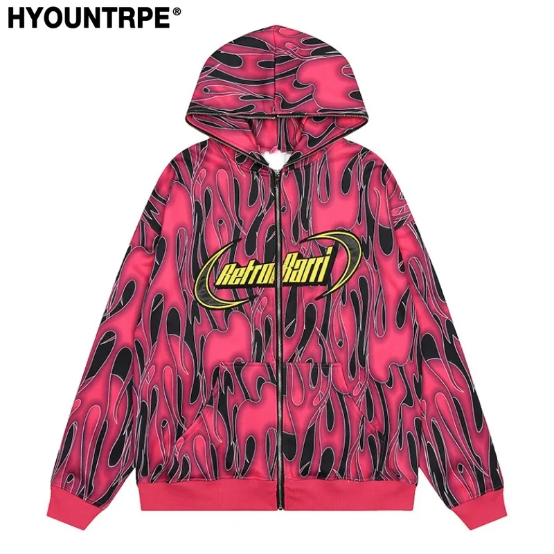 Mens Harajuku Fire Printed Hoodies Unisex Hip Hop Y2k Full Zipper Sweatshirt Streetwear Casual Hooded Warm Loose Tops Hoodies