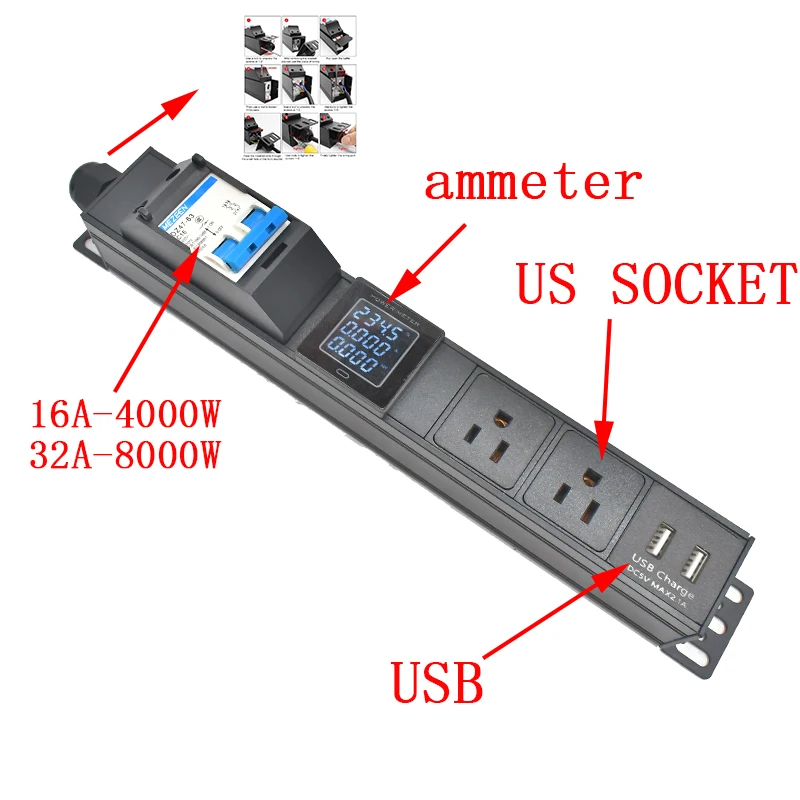 Imagem -02 - Striderrui Fita de Alimentação Pdu Interruptor de ar Unidade de Distribuição Switcher 2-9 Way Tomada us Medidor de Potência Saída Usb 16 a 32a