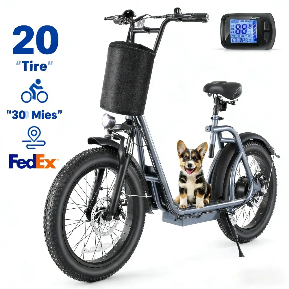 

Электрический самокат для взрослых с сиденьем, дальность действия 30 миль и 20 миль в час, двигатели 800 Вт, 20 толстых шин, складная, грузовая корзина для домашних животных и по индивидуальному заказу