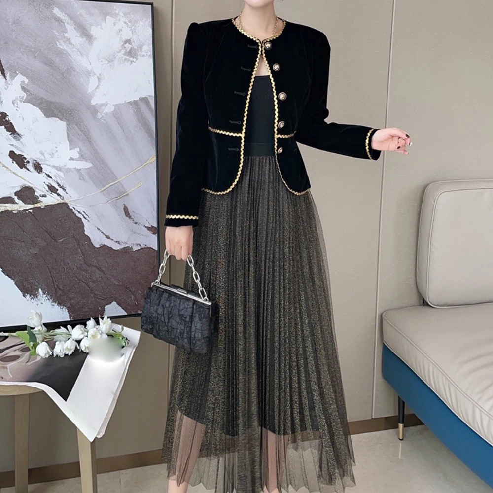 VGH Minimalist Two Piece Sets For Women Round Neck Long Sleeve Spliced Button Tops High Waist Long Skirt Casual Slim Set Female