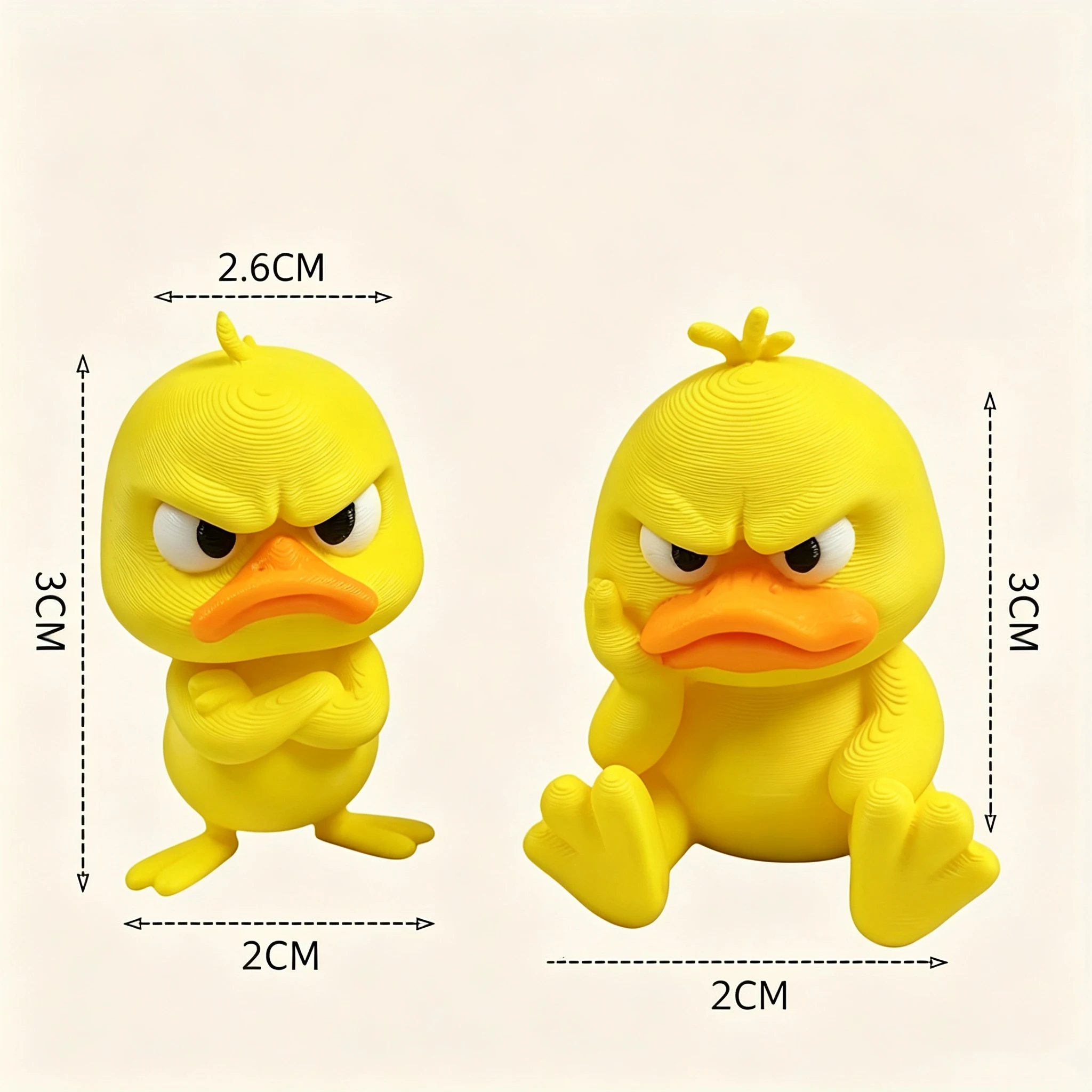 2PC 3D Printed Angry Yellow Duck Figurine PLA+ Material Cute Grumpy Duck Mini Statue Desktop Ornament Home Desk Decor Collection