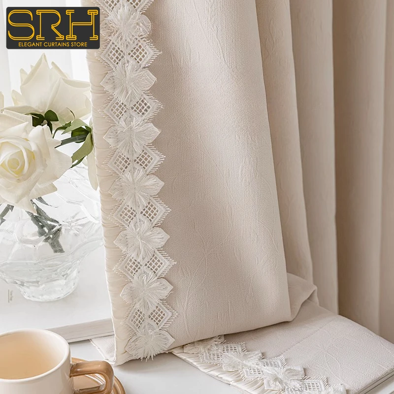 

Simple Cream Curtains for Living Room Bedroom Chenille Blackout Modern Jacquard Windows Solid Color Cloth Decor Custom Tulle