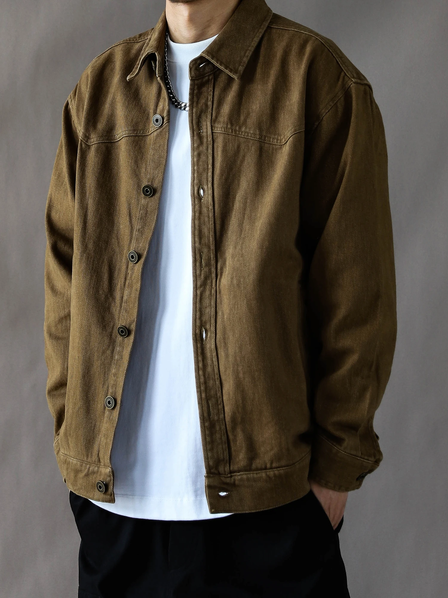 

American Retro Heavyweight Jaet Men's Spring Autumn Loose Casual New 2025 High Street Turn-down Collar Pure Cotton Brown