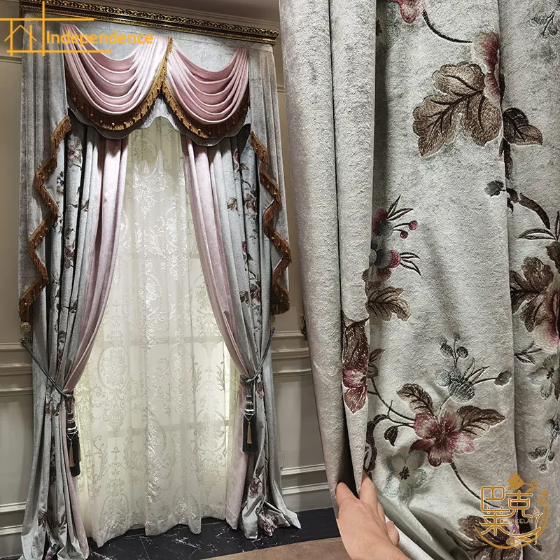 

American Luxury Gray Embroidery Splicing Velvet Curtains for Living Room Bedroom Balcony Customized Villa French Window Valance